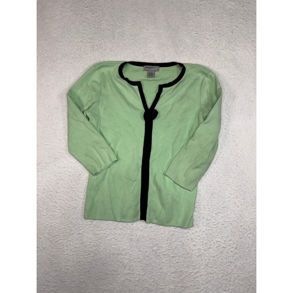 Designers Originals Mint Green Black Trim Knot Accent Cardigan Sweater Small